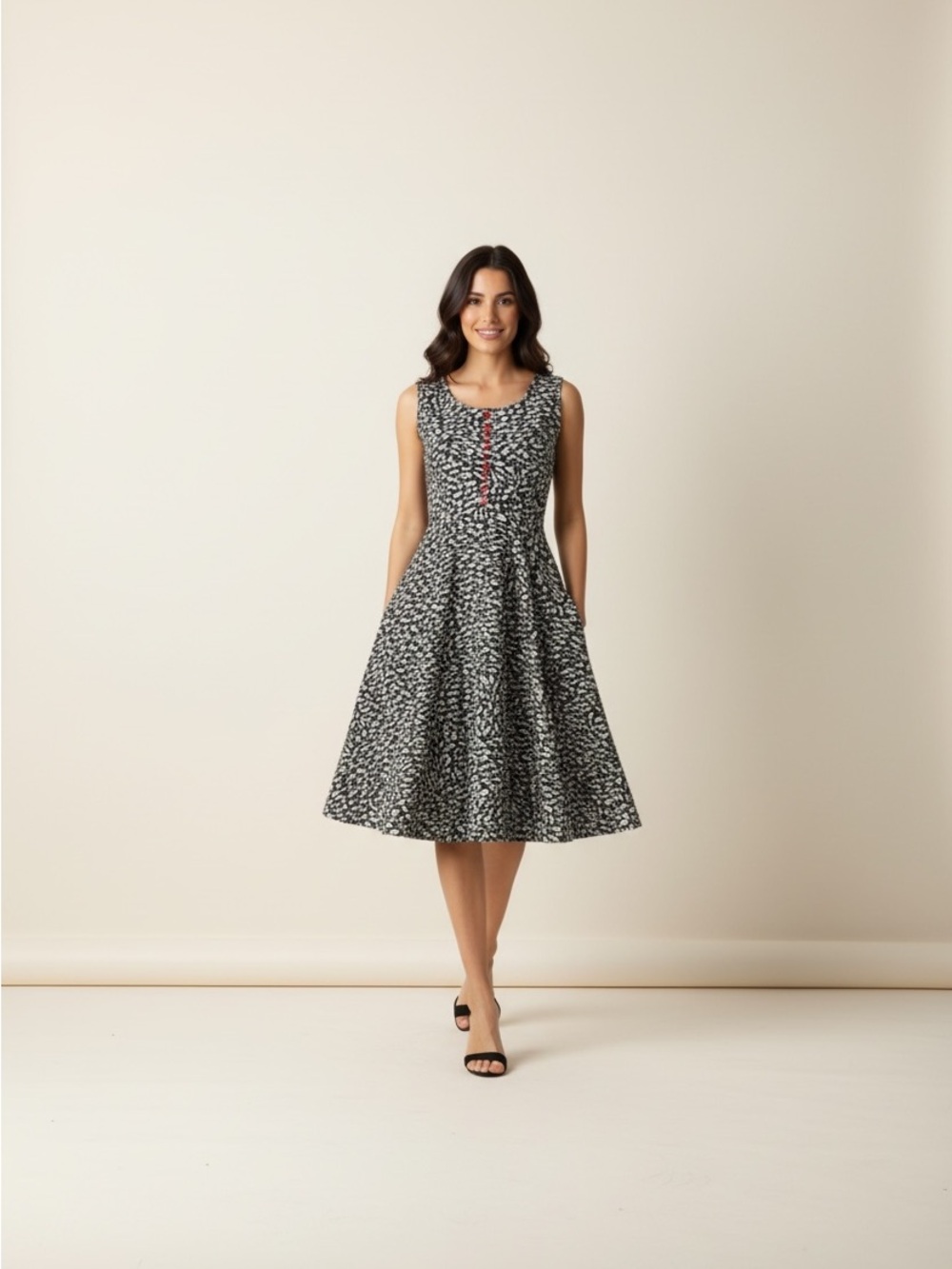 Effies Heart Sleeveless Black & Beige  Printed Fit-and-Flare Dress New